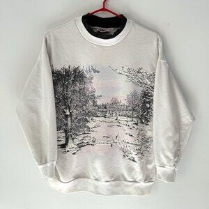 90s vintage white snowy winter holiday graphic collared cotton pullover sweater